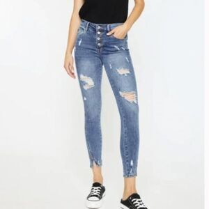 KanCan Ellington High Rise Button Fly Blue Denim Distressed Skinny Jeans 9/28